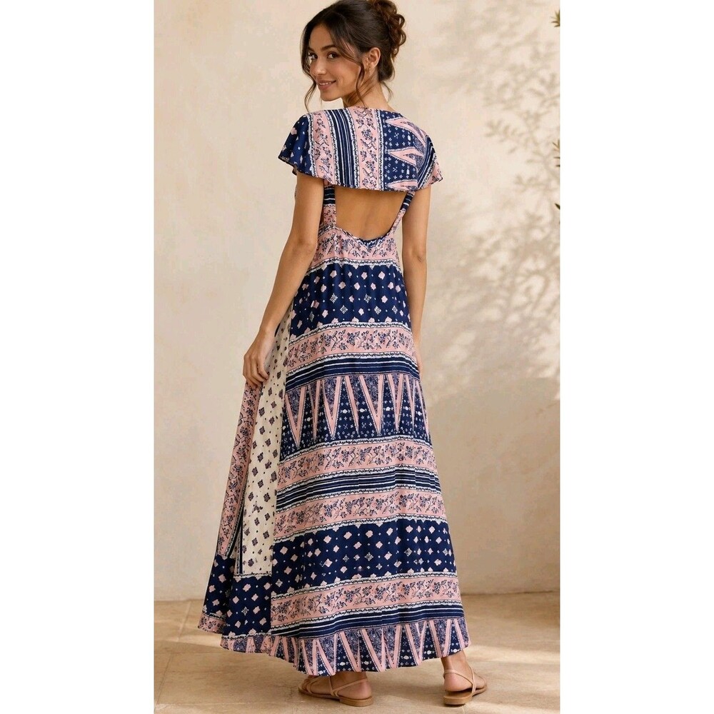 Anthropologie Maeve S Maxi Dress Navy Pink Boho Open Back Flutter Sleeve
